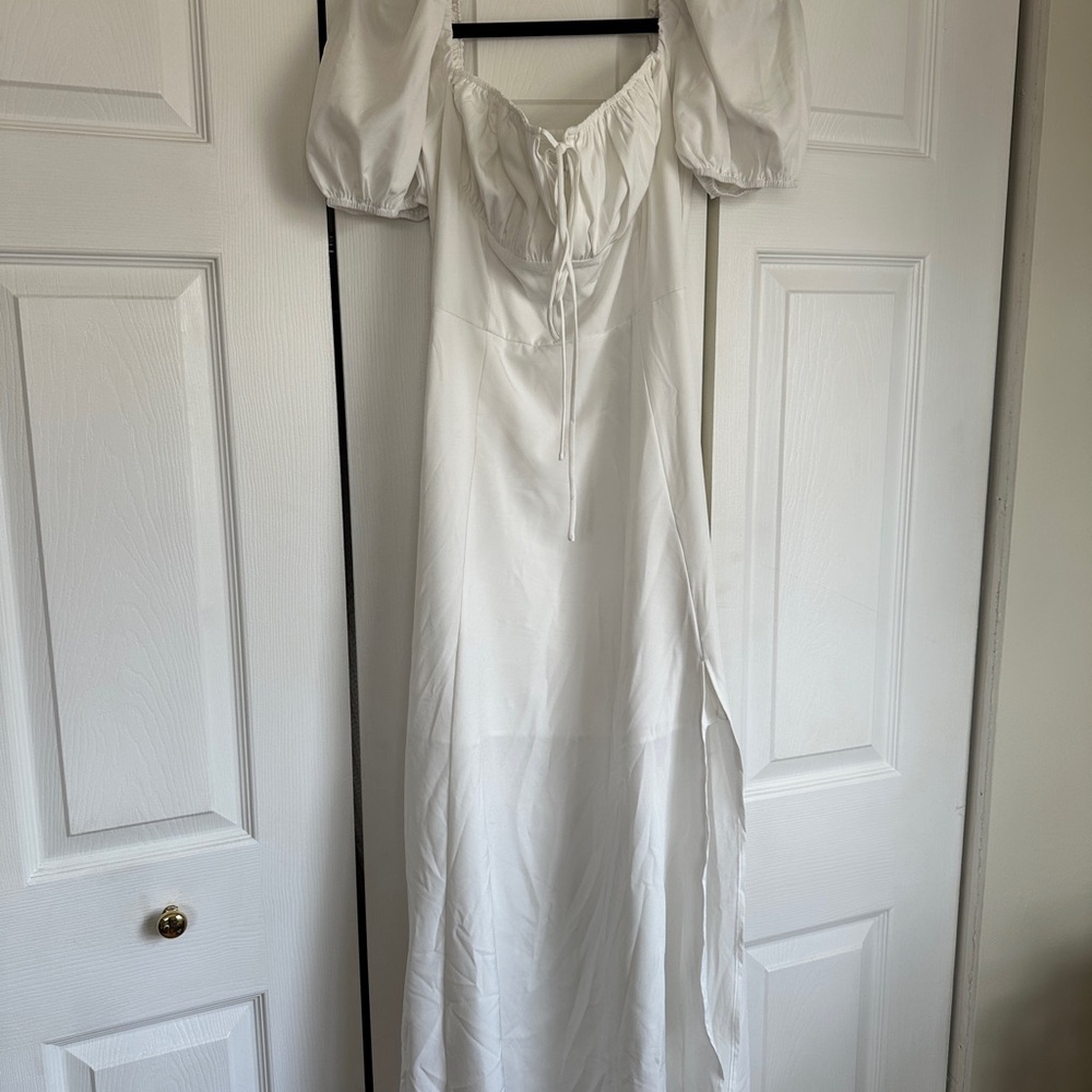 White Puff Sleeve Corset Maxi Dress with Slit